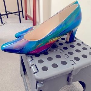 Multi-colored blue pumps.  Slightly worn but in excellent condition.